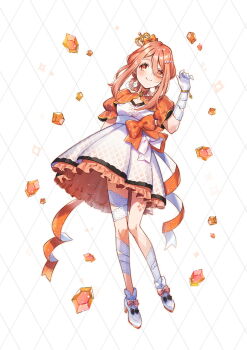 Rule 34 | 1girl, argyle background, blush, bow, closed mouth, commentary, double-parted bangs, dress, frilled dress, frills, full body, gloves, hair between eyes, hair bow, hand up, high heels, highres, idol, idol clothes, long hair, orange bow, orange eyes, orange hair, original, shinishi chiho, shoes, short sleeves, smile, socks, solo, standing, white background, white dress, white gloves, white shoes, white socks