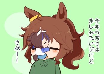 2girls animal_ears blue_hair blue_shorts blush brown_hair chibi chibi_only closed_eyes commentary_request daitaku_helios_(umamusume) ear_covers gomashio_(goma_feet) green_background green_shirt horse_ears horse_girl horse_tail long_hair long_sleeves mejiro_palmer_(umamusume) mini_person minigirl multicolored_hair multiple_girls open_mouth orange_socks ponytail shirt short_hair shorts socks streaked_hair tail translation_request two-tone_hair umamusume white_hair white_shirt