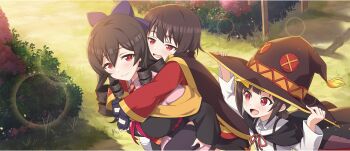 3girls :d arue_(konosuba) bandaged_leg bandages black_cloak black_gloves black_hat black_robe black_thighhighs borrowed_clothes bow brown_hair bush carrying child cloak closed_mouth collared_dress collared_shirt diagonal-striped_clothes diagonal-striped_necktie dress dress_shirt drill_hair drill_sidelocks exhausted fingerless_gloves game_cg gloves hair_between_eyes hair_bow hands_on_headwear hat highres komekko kono_subarashii_sekai_ni_shukufuku_wo! konosuba!_fantastic_days large_bow light_blush long_hair long_sleeves looking_at_another megumin multiple_girls necktie off_shoulder official_art open_mouth orange_necktie outdoors patchwork_clothes piggyback pink_dress purple_bow red_dress red_eyes red_necktie red_prison_magic_school_uniform red_ribbon ribbon robe school_uniform shirt short_dress short_hair short_hair_with_long_locks short_twintails siblings sidelocks single_thighhigh sisters smile striped_clothes sunlight suspenders thighhighs twintails two-tone_necktie walking white_shirt witch_hat