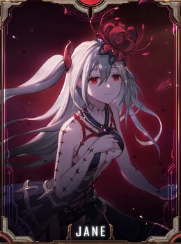 1girl artist_request black_dress black_panties border breasts cleavage commentary commentary_request dress english_commentary floating_hair flower frown gem grey_hair hair_between_eyes hair_flower hair_ornament halterneck highres jane_(king's_raid) king's_raid korean_commentary long_hair medium_breasts mixed-language_commentary official_art one_side_up pale_skin panties purple_gem red_background red_eyes second-party_source showgirl_skirt solo spider_lily stitched_arm stitched_chest stitched_neck stitched_wrist stitches underwear upper_body veil wind zombie