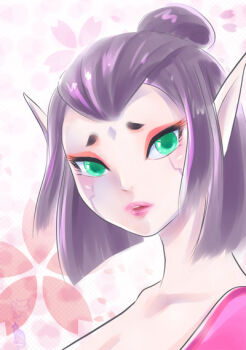 1girl alien bindi colored_skin dc_comics facial_mark female_focus ghia'ta green_eyes green_lantern_(series) grey_skin hair_bun looking_at_viewer pale_skin pointy_ears princess short_hair simple_background single_hair_bun solo star_sapphire_(dc) tattoo upper_body