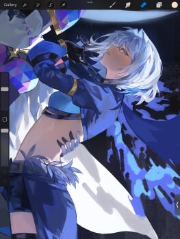 1girl armlet art_program_in_frame black_gloves black_shorts blue_eyes commentary from_side galbrena_(wuthering_waves) gloves gold_armlet grey_hair hashtag-only_commentary highres holding_another's_waist hoxng22 jewelry long_sleeves medium_hair shorts tacet_discord_(wuthering_waves) unfinished vitreum_dancer_(wuthering_waves) wuthering_waves