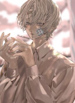 1boy bandaid bandaid_on_face bandaid_on_forehead blood blood_drip closed_mouth commentary_request gauze gauze_on_cheek gauze_on_face grey_eyes grey_hair hands_up highres long_sleeves looking_at_viewer male_focus mole mole_on_neck nosebleed original own_hands_together sahi00000 shirt short_hair solo upper_body white_shirt