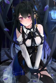 Rule 34 | 1girl, absurdres, asymmetrical legwear, bare shoulders, belt, between legs, black belt, black gloves, black hair, blue hair, blush, breasts, chest belt, colored inner hair, demon horns, detached sleeves, garter straps, gloves, hair ornament, hand between legs, highres, hololive, hololive english, horns, indoors, lantern, long hair, looking at viewer, medium breasts, multicolored hair, nerissa ravencroft, partially submerged, purple eyes, shirt, sitting, solo, st-147, thigh strap, virtual youtuber, white shirt