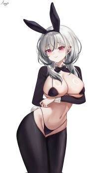 1girl animal_ear_hairband animal_ears arm_under_breasts black_bra black_hiphighs black_panties black_shrug bra breasts closed_mouth commentary_request corrupted_twitter_file fake_animal_ears fake_tail feet_out_of_frame grey_hair groin hair_between_eyes hair_over_shoulder hairband highres hiphighs korean_commentary large_breasts long_bangs long_hair micro_bra multicolored_hair navel nyang_(nya_aaang) ohwayo panties playboy_bunny project_[i] rabbit_ear_hairband rabbit_ears rabbit_tail red_eyes revealing_clothes reverse_bunnysuit reverse_outfit shrug_(clothing) signature simple_background skindentation smile solo standing stomach streaked_hair string_bra string_panties tail underwear variant_set virtual_youtuber white_background