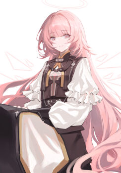 Rule 34 | 1girl, arknights, black dress, closed mouth, commentary, detached wings, dress, energy wings, frills, halo, highres, lemuen (arknights), long hair, long sleeves, looking at viewer, nianamo61, pink eyes, pink hair, puffy sleeves, shirt, smile, solo, white background, white shirt, wings