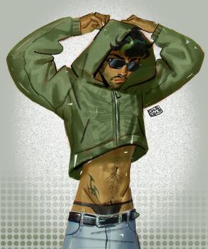 1boy antonio_leon_mars_(skcd_loen) arms_up artist_logo beard_stubble belt black-framed_eyewear black_belt black_hair black_panties closed_mouth commentary cowboy_shot cropped_hoodie cross cross_print curled_fingers cyber_sigilism denim eyebrow_cut facial_hair fashion gradient_background green_hoodie green_streaks grey_background halftone hashtag-only_commentary highres hip_tattoo hood hood_up hoodie jeans light_smile logo lowleg lowleg_panties lowleg_pants mustache navel original panties pants pubic_hair ring_piercing single_hair_streak skcd_loen sketch sparse_leg_hair stomach stomach_hair streetwear stubble sunglasses symbol-only_commentary tan tattoo thick_lineart underwear y2k_fashion zipper