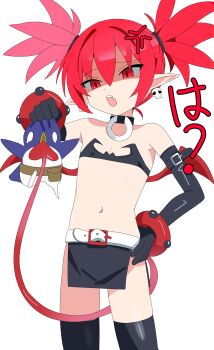 1girl absurdres anger_vein bare_shoulders black_gloves commentary demon_girl demon_tail demon_wings disgaea earrings elbow_gloves etna_(disgaea) fang flat_chest gloves highres jewelry kyureizi mini_wings navel o-ring_collar open_mouth pointy_ears red_eyes red_hair red_tail red_wings skin_fang skull_earrings tail thighhighs twintails wings