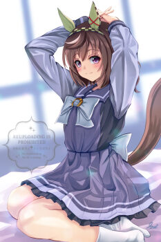 1girl animal_ears arms_up blush bow bowtie breasts brown_hair buena_vista_(umamusume) checkered_hairband closed_mouth ear_covers hair_between_eyes hairband headband highres horse_ears horse_girl horse_tail interlocked_fingers long_sleeves looking_at_viewer medium_hair purple_eyes purple_sailor_collar purple_serafuku purple_shirt purple_skirt sailor_collar sailor_shirt school_uniform serafuku shirt sitting skirt smile socks solo tail tracen_school_uniform umamusume white_bow white_bowtie white_socks yokozuwari yumibakama_meme