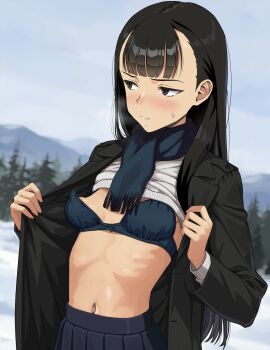 1girl absurdres black_hair blush bra closed_mouth clothes_lift commentary_request exhibitionism highres long_hair navel onimushi_hyogo original outdoors public_indecency purple_bra purple_scarf ribs scarf skirt snow sweat sweatdrop underwear
