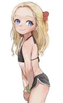 1girl absurdres bikini bikini_top_only black_bikini black_shorts blonde_hair blue_eyes blush bow closed_mouth commentary_request copyright_request dolphin_shorts dorontabi ear_piercing eyebrow_piercing face_piercing flat_chest forehead from_side hair_bow halterneck highres loli long_hair looking_at_viewer looking_to_the_side original piercing red_bow scrunchie short_shorts shorts simple_background smile solo standing swimsuit white_background wrist_scrunchie
