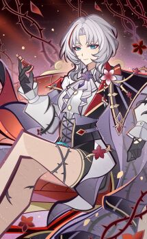 1girl absurdres alcohol black_gloves blue_eyes chess_piece chinese_commentary closed_mouth commentary_request crossed_legs cup flower gloves highres holding jacket long_sleeves looking_at_viewer middle_part mole mole_under_eye multicolored_hair nius_invokation_tcg(style) original red_flower red_hair shirt shorts sisan_eryi sitting smile solo streaked_hair white_hair white_shirt