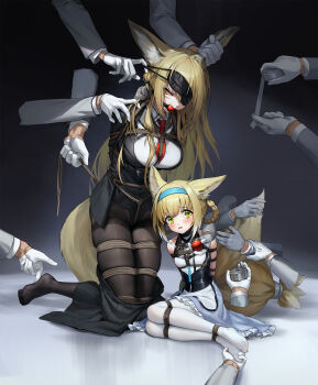 2girls 6+boys animal_ear_fluff animal_ears arknights ball_gag bare_shoulders barefoot bdsm belt black_pantyhose blazer blindfold blonde_hair bondage bound bound_arms bound_legs braid breasts brown_eyes collared_shirt crotch_rope crying crying_with_eyes_open dress frilled_dress frills gag gagged highres jacket kumachi_(aikawaakeya) large_breasts long_hair multiple_boys multiple_girls necktie pantyhose pleated_skirt red_necktie shibari shibari_over_clothes shirt sitting skirt small_breasts suzuran_(arknights) tail tears very_long_hair vulpisfoglia_(arknights) white_pantyhose yellow_eyes