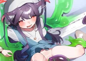 1girl :d aroused beret black_hair blue_archive blue_dress blush bottomless bright_pupils commentary commission cunnilingus demon_girl demon_horns dress drooling dutch_angle eyelashes fuuka_(blue_archive) fuuka_(casual)_(blue_archive) goe_(g-o-e) hair_on_horn halo hat heart_pendant highres horns long_hair looking_down mouth_drool open_mouth oral pan-chan_(blue_archive) pussy red_eyes red_halo shirt short_sleeves sidelocks sitting sleeveless sleeveless_dress slime_(substance) smile solo spread_legs straight_hair thighs twitching very_long_hair watch white_hat white_pupils white_shirt wristwatch
