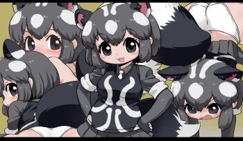 1girl :3 :d animal_ears ass black_eyes black_hair black_vest breasts commentary_request commission compilation elbow_gloves extra_ears fingerless_gloves gloves grey_gloves grey_shirt grey_skirt hands_on_own_hips kemono_friends kuro_(kurojill) letterboxed light_blush looking_at_viewer looking_back medium_breasts multicolored_hair multiple_views necktie nervous_sweating open_mouth panties pleated_skirt shirt short_hair short_sleeves skeb_commission skirt skunk_ears skunk_girl skunk_tail smile spotted_skunk_(kemono_friends) sweat tail two-tone_hair underwear v-shaped_eyebrows vest white_hair white_necktie white_panties