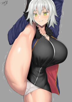black_dress breasts dress fate/grand_order fate_(series) highres jacket jeanne_d&#039;arc_alter_(avenger)_(fate) jeanne_d&#039;arc_alter_(fate) jeanne_d&#039;arc_alter_(ver._shinjuku_1999)_(fate) large_breasts leg_lift nobunyan_(ndns8438) non-web_source panties shaking stretching sweat underwear white_panties
