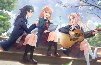 3girls :d acoustic_guitar aqua_eyes black_coat black_socks blonde_hair blue_hair blue_ribbon blue_sky book brown_cardigan brown_dress brown_shoes cardigan cloud coat composing_music curtained_hair day dress dutch_angle falling_leaves flower full_body game_asset gradient_hair guitar hair_flower hair_ornament hair_ribbon half_updo hasu_no_sanrenka hasu_no_sora_school_uniform highres hinoshita_kaho holding holding_book holding_guitar holding_instrument holding_notebook holding_pencil index_finger_raised instrument leaf love_live!_hasu_no_sora_jogakuin_school_idol_club loafers long_hair long_sleeves looking_at_another love_live! mechanical_pencil medium_dress medium_hair multicolored_hair multiple_girls murano_sayaka neckerchief non-web_source notebook official_art open_cardigan open_clothes open_coat open_mouth orange_hair osawa_rurino outdoors parted_bangs pencil pink_flower pleated_dress rabbit_hair_ornament red_neckerchief red_ribbon ribbon sailor_collar sailor_dress school_uniform self-datamine shoes sitting sitting_on_stairs sky smile socks stairs teeth twintails two_side_up upper_teeth_only virtual_youtuber white_sailor_collar white_socks winter_uniform