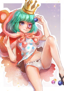 1girl aqua_hair cape crown dress dywx_poison female_focus food fruit gold_crown grapes green_hair hood loli monocle navel one_piece panties polka_dot polka_dot_dress short_hair smile solo sugar_(one_piece) underwear white_panties