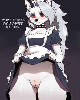 1girl absurdres animal_ears animal_nose apron blush body_fur cleft_of_venus closed_mouth clothes_lift collar colored_sclera cowboy_shot dog_ears dog_girl dress dress_lift english_text furry furry_female grey_hair hellaverse helluva_boss highres lifting_own_clothes long_hair loona_(helluva_boss) maid maid_headdress puffy_short_sleeves puffy_sleeves pussy red_eyes red_sclera remesh short_sleeves simple_background snout solo spiked_collar spikes thighs two-tone_fur uncensored white_apron white_fur wolf_girl