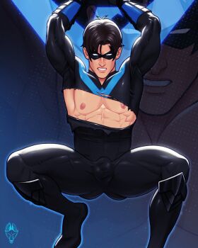 1boy bara batman_(series) black_bodysuit black_gloves black_hair blue_bodysuit bodysuit bulge dc_comics dick_grayson domino_mask eye_mask fox_bravo gloves large_pectorals male_focus mask multicolored_bodysuit muscular muscular_male nightwing pectorals short_hair solo thick_thighs thighs torn_bodysuit torn_clothes two-tone_bodysuit