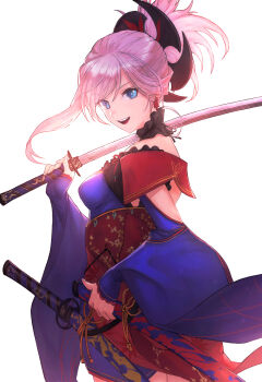 Rule 34 | 1girl, blue eyes, blue kimono, breasts, earrings, fate/grand order, fate (series), hair ornament, highres, holding, holding sword, holding weapon, japanese clothes, jewelry, katana, kimono, long hair, looking at viewer, medium breasts, miyamoto musashi (fate), miyamoto musashi (third ascension) (fate), miyamoto satoru, obi, pink hair, ponytail, revision, sash, sheath, sheathed, simple background, single sidelock, smile, solo, swept bangs, sword, teeth, upper teeth only, weapon, white background