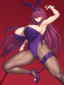 1girl alternate_breast_size_(larger) animal_ears bow bowtie breasts commentary_request cosplay detached_collar fake_animal_ears fate/grand_order fate_(series) fishnet_pantyhose fishnets gae_bolg_(fate) hairband highleg highleg_leotard highres huge_breasts leotard long_hair melon22 pantyhose playboy_bunny polearm purple_bow purple_bowtie purple_hair purple_hairband purple_leotard rabbit_ears red_background red_eyes scathach_(fate) scathach_(fate)_(cosplay) scathach_(piercing_bunny)_(fate) simple_background solo spear strapless strapless_leotard thick_thighs thighs weapon wrist_cuffs