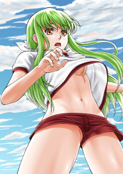 1girl alternate_costume bleachist breasts c.c. clothes_lift code_geass commentary_request covered_erect_nipples cowboy_shot day eyebrows_hidden_by_hair eyelashes fingernails floating_hair from_below green_hair gym_shirt gym_uniform hair_between_eyes hand_up highres light_blush long_hair looking_down medium_breasts navel no_bra open_mouth outdoors red_shorts scar scar_on_breasts shirt shirt_lift short_sleeves shorts sidelocks solo stomach straight_hair surprised underboob upshirt white_shirt wind wind_lift yellow_eyes