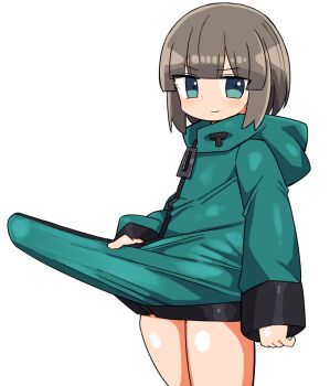 1boy androgynous aqua_eyes artist_self-insert baggy_clothes bob_cut bottomless brown_hair bulge erection erection_under_clothes hand_on_own_penis hood huge_penis kanikama kanikama_(character) looking_at_viewer male_focus meme original parka penis puffy_sleeves shiny_skin shota sidelocks simple_background sleeves_past_wrists smirk solo standing thighs white_background
