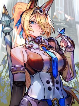 1girl animal_ears armor bird blonde_hair blue_butterfly blue_eyes blue_necktie breasts bug butterfly butterfly_on_hand closed_mouth collarbone commentary_request fingerless_gloves gloves hair_over_one_eye high_ponytail highres holding holding_weapon horse_ears horse_girl insect large_breasts long_hair looking_at_viewer necktie outdoors ponytail reomenka shoulder_armor sigrid_(zenless_zone_zero) single_bare_shoulder solo_focus upper_body weapon zenless_zone_zero