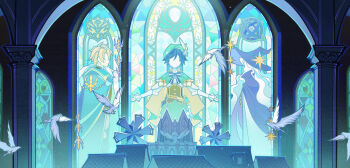 absurdres angel_wings bird black_hair blonde_hair braid character_request church cloak dove faceless genshin_impact hat highres indoors no_humans official_art outstretched_arms pillar spread_arms stained_glass static tile_roof twin_braids venti_(genshin_impact) white_hair windmill window wings witch_hat