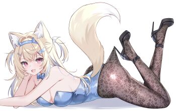 1girl absurdres alternate_costume animal_ears ass bandaid bandaid_hair_ornament black_pantyhose black_shoes blonde_hair blue_bow blue_bowtie blue_hair blue_hairband blue_leotard bow bowtie breasts cleavage clothing_cutout commentary crossed_bangs detached_collar dog_ears dog_girl dog_tail double-parted_bangs fake_horns feet_up fuwawa_abyssgard hair_between_eyes hair_ornament hairband hairclip head_rest high_heels highres hololive hololive_english horn_hairband horns lace_pantyhose lace_pantyhose_hooked_on_heel_(meme) large_breasts leotard long_hair looking_at_viewer lying meme multicolored_hair on_stomach pantyhose parallel_hairclips pink_eyes playboy_bunny ri_nyahn shoes solo strapless strapless_leotard strappy_heels streaked_hair symbol-only_commentary tail tail_through_clothes the_pose traditional_bowtie two_side_up virtual_youtuber