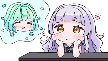 2girls :d ^_^ black_dress blush_stickers brown_eyes chibi closed_eyes dress green_hair grey_hair hands_up heart heart-shaped_pupils highres hololive imagining low_twintails mochimiko multiple_girls murasaki_shion murasaki_shion_(gothic_lolita) open_mouth parted_lips short_twintails simple_background smile symbol-shaped_pupils twintails uruha_rushia uruha_rushia_(3rd_costume) virtual_youtuber white_background