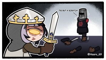 1boy 1girl amputee anger_vein armless_amputee armor black_hair black_knight_(monty_python) boots brown_boots brown_gloves chainmail commentary cosplay english_commentary english_text full_armor gloves grey_hair haaro helmet highres holding holding_sword holding_weapon hololive hololive_english king_arthur_(monty_python) king_arthur_(monty_python)_(cosplay) knight monty_python monty_python_and_the_holy_grail motion_lines multicolored_hair shiori_novella standing standing_on_one_leg sword triple_amputee two-tone_hair virtual_youtuber weapon yellow_eyes