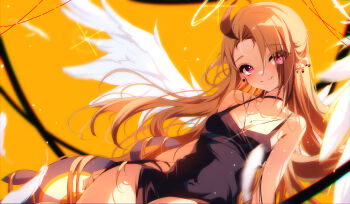 1girl absurdres angel_wings black_dress brown_hair dress eyes_visible_through_hair feathered_wings gigi_murin hair_over_one_eye halo highres hololive hololive_english long_hair looking_at_viewer pink_eyes smile solo the0neulost traditional_halo virtual_youtuber white_wings wings
