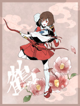 1girl :d bow_(weapon) brown_eyes brown_hair crtr_melco flower full_body hakama hakama_skirt holding holding_bow_(weapon) holding_weapon japanese_clothes kneehighs leg_up looking_at_viewer okobo open_mouth platform_clogs platform_sandals red_hakama red_sandals red_skirt sandals sengoku_basara skirt smile socks solo tsuruhime_(sengoku_basara) weapon white_socks wide_sleeves