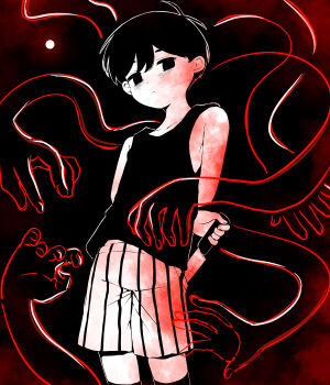 1boy absurdres antenna_hair arms_behind_back black_eyes black_hair black_tank_top black_thighhighs closed_mouth collarbone colored_skin double-parted_bangs hair_between_eyes hato_popo_37 highres holding holding_behind_back holding_knife holding_knife_behind_back knife looking_at_viewer male_focus omori omori_(omori) short_hair shorts solo striped_clothes striped_shorts tank_top thighhighs vertical-striped_clothes vertical-striped_shorts white_shorts white_skin