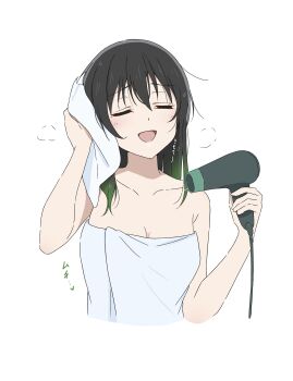 1girl absurdres after_bathing bath black_hair blush breasts cleavage closed_eyes collarbone commentary_request cropped_torso drying drying_hair drying_own_hair gradient_hair green_hair hair_between_eyes hair_down hair_dryer highres holding holding_hair_dryer holding_towel large_breasts long_hair love_live! love_live!_nijigasaki_high_school_idol_club midocchi multicolored_hair naked_towel open_mouth simple_background solo takasaki_yu towel two-tone_hair white_background
