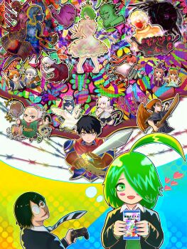 absurdres ahoge aoyama_saki barbed_wire black_hair blue_eyes blush blush_stickers boots brown_eyes brown_gloves brown_hair character_request commentary_request controller crown demon_tail dress everyone facial_hair feathered_wings game_controller glasses gloves green_hair grey_eyes hair_over_one_eye halo hat heart highres hippusutobu holding holding_controller holding_game_controller holding_sword holding_weapon horns ijimeru_yabai_yatsu index_finger_raised laurel_crown midorida_natsuka multiple_boys multiple_girls mustache necktie open_mouth red_boots red_eyes shirosaki_hana_(ijimeru_yabai_yatsu) shorts simple_background skeleton smile speech_bubble striped_necktie sword tail tanaka_kouta thought_bubble twintails weapon white_hair wings witch_hat