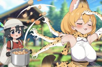 2girls animal_ears animal_print backpack bag bare_shoulders black_hair blonde_hair blue_eyes blush bow bowtie breasts carrot clawing commentary_request cooking_pot elbow_gloves extra_ears fang gloves hat hat_feather helmet high-waist_skirt highres holding holding_cooking_pot kaban_(kemono_friends) kemono_friends large_breasts meme multicolored_hair multiple_girls naoya_hitting_choso_without_looking_(meme) open_mouth orange_bow orange_bowtie pith_helmet potato print_bow print_bowtie print_gloves print_skirt ransusan red_shirt serval_(kemono_friends) shirt short_hair short_sleeves shorts skirt sleeveless smile striped_tail tail two-tone_bow two-tone_bowtie white_bow white_bowtie