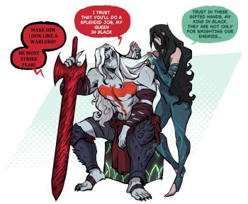 1boy 1girl all-black_the_necrosword armor black_bodysuit black_eyeshadow black_hair black_lips bodysuit breasts colored_skin commentary english_commentary eyeshadow fingernails green_armor green_light green_lines green_lips grey_skin hair_down halhalhalu22 hela_(marvel) holding holding_sword holding_weapon knull_(marvel) long_fingernails long_hair makeup marvel marvel_rivals metal_bra monster_boy pauldrons sharp_fingernails shoulder_armor spider-man_(series) spiked_pauldrons spikes sword symbiote thor_(marvel)_(series) weapon white_hair