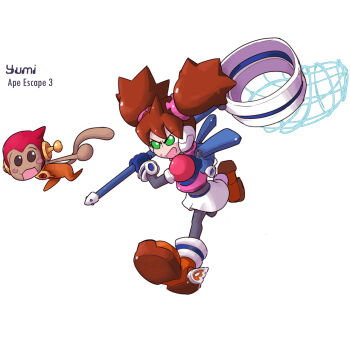 2000s_(style) android backpack bag blue_bag butterfly_net character_name commentary copyright_name english_commentary full_body green_eyes hand_net highres holding holding_butterfly_net karakatodzo mechanization mega_man_(series) mega_man_zero_(series) nakayama_tooru_(style) parody pink_shirt robot saru_getchu sayaka_(saru_getchu) shirt simple_background skirt standing style_parody white_background white_skirt