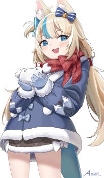 1girl absurdres ahoge animal_ear_fluff animal_ears aokii aqua_hair artist_name blonde_hair blue_bow blue_eyes blue_gloves blue_jacket blush bow cat_ears cat_girl commentary_request fins fish_tail fur-trimmed_jacket fur_trim gloves hair_bow highres indie_virtual_youtuber jacket long_hair long_sleeves multicolored_hair open_mouth plaid_clothes plaid_scarf red_scarf sameko_saba scarf simple_background smile solo tail very_long_hair virtual_youtuber white_background