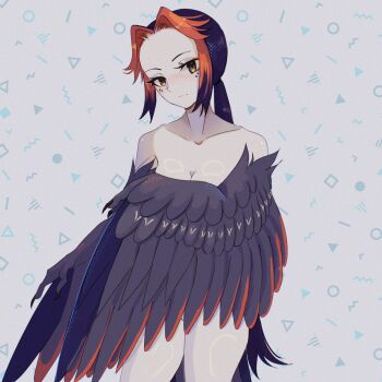 1girl absurdres bird_tail black_feathers black_hair black_wings blush breasts brown_eyes claws feathers grey_background harpy highres long_hair looking_at_viewer medium_breasts monster_girl nude orange_hair original parted_bangs ponytail solo tail unreal_fish very_long_hair winged_arms wings