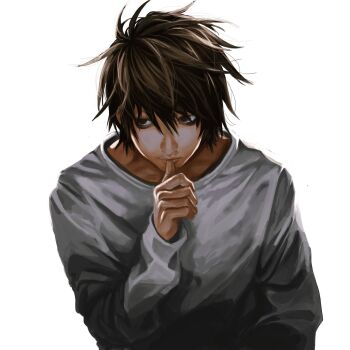 Rule 34 | 1boy, baggy clothes, bags under eyes, black eyes, black hair, closed mouth, death note, ha ya shi ma, hair between eyes, hashtag-only commentary, highres, l (death note), long sleeves, male focus, messy hair, no eyebrows, shirt, short hair, solo, thumb to mouth, upper body, white background, white shirt