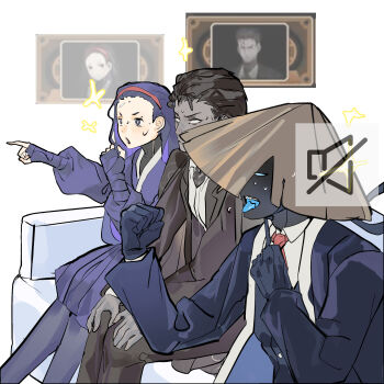 +_+ 1girl 2boys aeng-du_(project_moon) arm_up bamboo-hatted_kim bandaged_arm bandages black_coat black_gloves black_hair black_jacket black_kimono black_skin black_suit blank_eyes blue_eyes blue_tongue brown_hair clenched_hands coat collared_shirt colored_skin colored_tongue commentary_request couch dated distortion_(project_moon) formal_clothes game_screenshot_inset gloves glowing glowing_eyes hair_slicked_back hairband hand_on_own_knee hat highres jacket japanese_clothes jingasa jun_(project_moon) kimono lapels limbus_company long_hair multiple_boys mute mute_speaker_sign necktie notched_lapels on_couch open_clothes open_coat open_jacket pointing pointing_at_another project_moon red_necktie screenshot_inset shirt shoggoth_(sirens20211) short_hair sitting sparkle suit suit_jacket sweatdrop torn_clothes torn_hat white_shirt