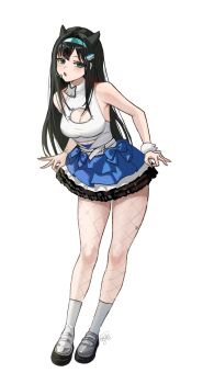 1girl aqua_hairband belt bent_over black_hair breasts cat_ear-shaped_hair cleavage cleavage_cutout clothing_cutout commentary_request fish_hair_ornament fishnet_pantyhose fishnets full_body goddess_of_victory:_nikke green_eyes hair_ornament hairband headset highres idol korean_commentary light_blush long_hair medium_breasts miniskirt mint_(nikke) mole mole_on_breast mole_under_eye open_mouth pantyhose sagle shirt skirt sleeveless sleeveless_shirt socks solo standing thighs white_background white_belt white_shirt white_socks