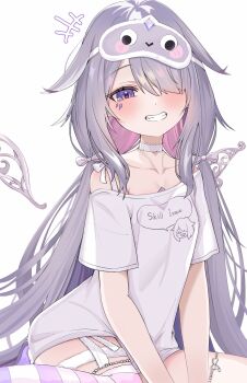 1girl :d absurdres castellayaki chest_jewel clothes_writing colored_inner_hair commentary detached_wings eye_mask gradient_hair grin hair_over_one_eye highres hololive hololive_english jewel_under_eye koseki_bijou koseki_bijou_(pebble_pajamas) long_hair looking_at_viewer low_twintails mask mask_on_head multicolored_hair no_pants open_mouth pink_hair purple_eyes purple_hair shirt simple_background single_off_shoulder single_thighhigh sitting smile solo striped_clothes striped_thighhighs t-shirt thigh_strap thighhighs twintails very_long_hair virtual_youtuber white_background white_shirt wings