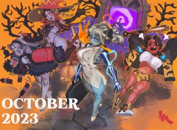 2023 4girls ^_^ absurdres alcohol alternate_costume alternate_species angry animal_print bare_legs bare_tree barefoot baroque_(keziedra) bikini black_bikini black_dress black_hair black_hairband black_nails black_thighhighs blonde_hair blue_hair blue_skin blush bottle braces braid braided_twintails breasts buruma cleavage cleavage_cutout closed_eyes clothing_cutout club club_(weapon) colored_skin colored_tips cosplay crop_top crop_top_overhang cropped_vest cup curtained_hair dress drink drinking_glass drunk electricity exposed_bone expressionless fangs fangs_out fingernails frankenstein&#039;s_monster frankenstein&#039;s_monster_(cosplay) from_above full_body fur-trimmed_sleeves fur_trim garlic_(keziedra) gate grass grey_skin hairband half-closed_eyes halloween halloween_costume hand_on_own_ear hand_up hat highres holding holding_club holding_cup holding_drink holding_weapon horns jacket keziedra large_breasts long_hair long_sleeves looking_at_viewer low_twintails missile multicolored_hair multiple_girls nail_polish navel object_through_head october oni open_clothes open_jacket open_mouth open_vest orange_background orange_outline original outdoors outline outstretched_arm outstretched_hand pale_skin parted_bangs pointy_ears portal_(object) puff_of_air puffy_long_sleeves puffy_sleeves pumpkin purple_eyes red_hat red_oni red_outline red_skin red_vest red_wine riding riding_rocket ringed_eyes screw_in_head see-through_body sharp_teeth shoes short_dress short_hair short_shorts shorts side_slit single_horn skin-covered_horns sleeveless sleeveless_dress smile sneakers solid_circle_eyes sparkle spiked_club standing stitched_face stitches swimsuit tank_top tapioca_(keziedra) teeth thighhighs tiger_print toenail_polish toenails tombstone tree twintails two-tone_hair undead upper_teeth_only v-shaped_eyebrows vampire vest walking weapon white_dress white_tank_top wine wine_bottle wine_glass witch witch_hat yellow_outline