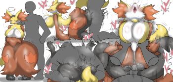 1boy 1girl absurdres animal_ears arm_grab blush breasts colored_skin delphox doggystyle embarrassed enigi09 furry gen_6_pokemon grey_skin hetero highres huge_breasts large_breasts looking_at_viewer lying missionary nintendo open_mouth pokemon ponytail sex sex_from_behind simple_background tongue tongue_out white_background