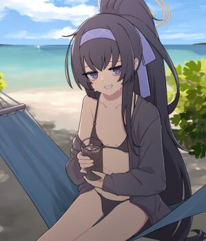 Rule 34 | 1girl, beach, bikini, black bikini, black hair, black jacket, blue archive, blue eyes, bow, breasts, bush, cloud, commentary, cup, day, drinking glass, grin, hair bow, hairband, halo, holding, holding cup, horizon, jacket, long hair, looking at viewer, lyrinne, ocean, on hammock, outdoors, ponytail, single bare shoulder, single off shoulder, sitting, small breasts, smile, solo, sweat, swimsuit, ui (blue archive), ui (swimsuit) (blue archive), very long hair